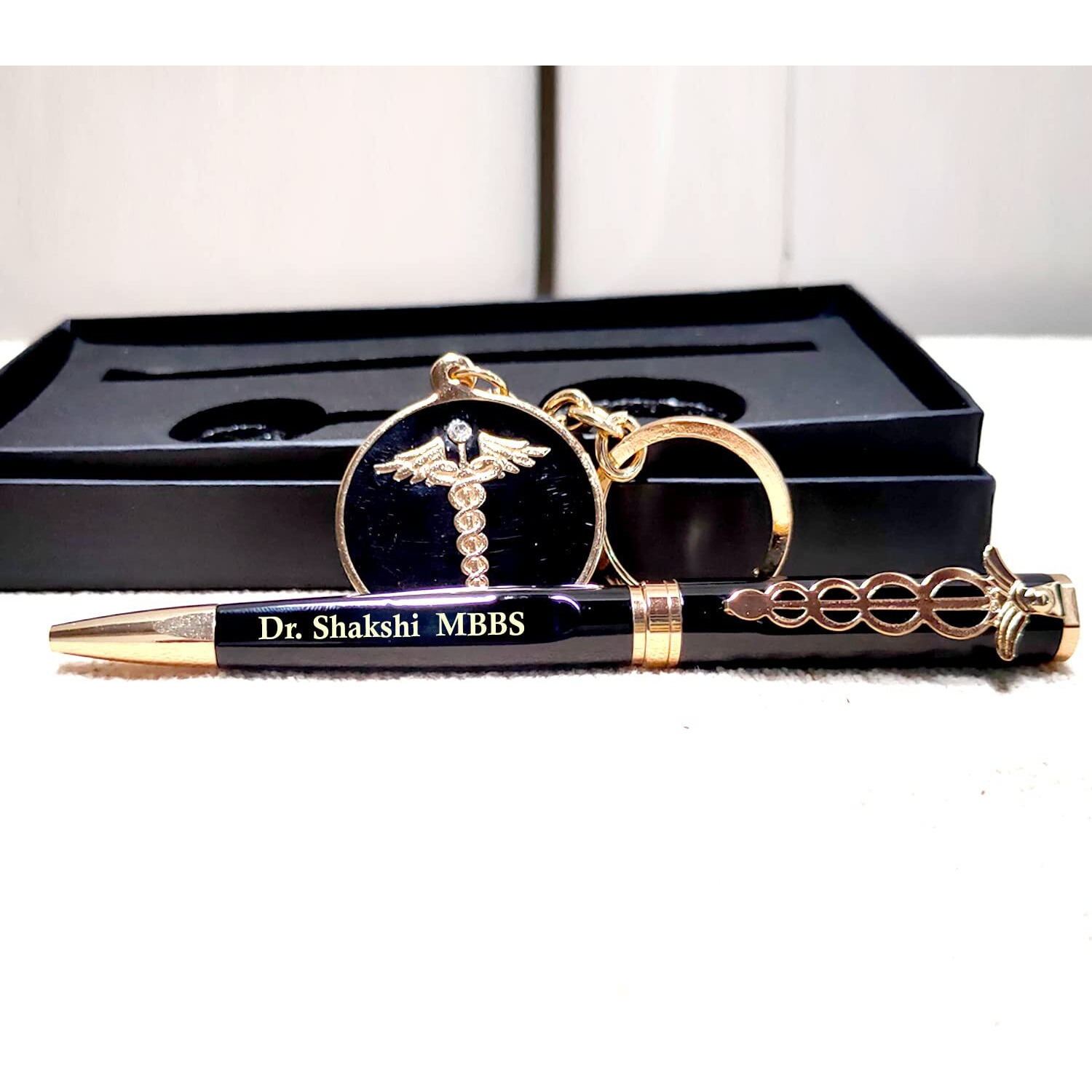 Sensygifts Doctor Personalized Matt Black Ball Pen&Keychain With Your Name Engraved For Doctor|Customized Gift Combo|