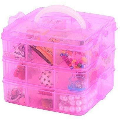 Moxtiza 3-Layers 18 Grids Detachable Square Desktop Storage Box Clear Plastic Craft Beads Jewelry Storage Organizer Box (15x15x13 cm,) Pink color