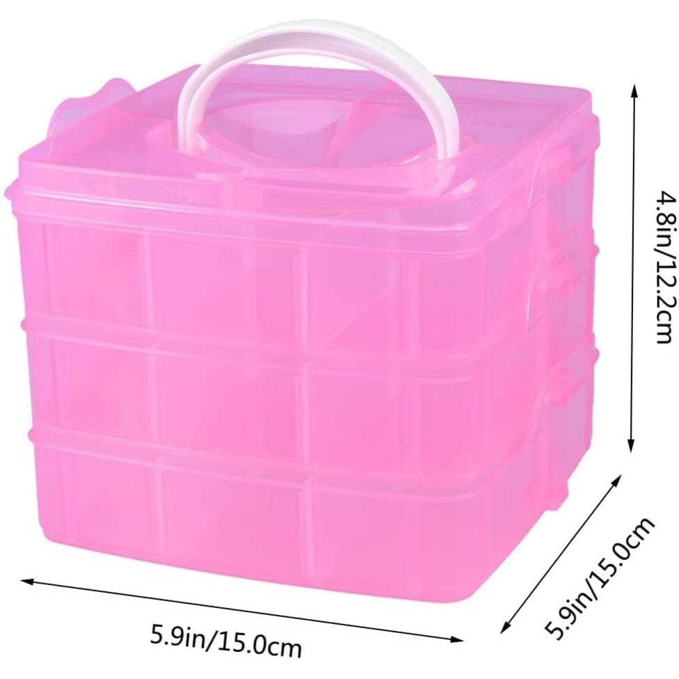 Moxtiza 3-Layers 18 Grids Detachable Square Desktop Storage Box Clear Plastic Craft Beads Jewelry Storage Organizer Box (15x15x13 cm,) Pink color