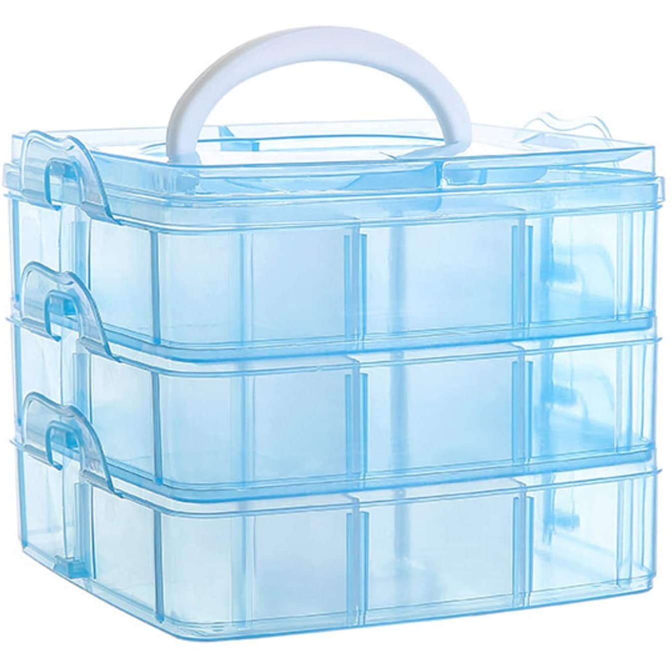 Moxtiza 3-Layers Detachable Square Desktop Storage Box - Clear Plastic Craft Beads Jewelry Organizer - Blue (15x15x13 cm)