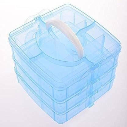 Moxtiza 3-Layers Detachable Square Desktop Storage Box - Clear Plastic Craft Beads Jewelry Organizer - Blue (15x15x13 cm)