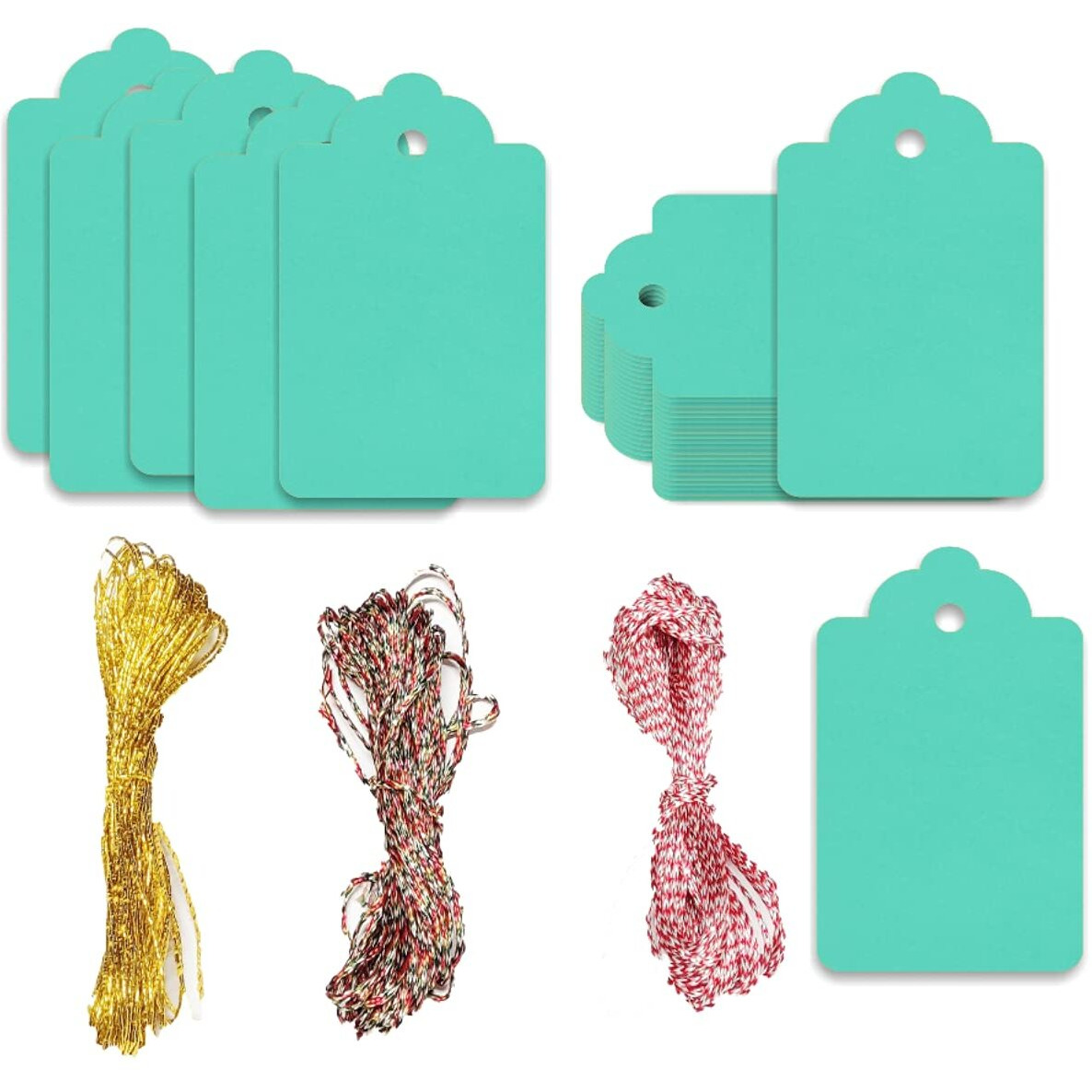 CVANU 100 Pcs Premium Caribbeanblue Colour Gift Tags, Double-Sided Available Kraft Paper Price Tags with Colourful Strings