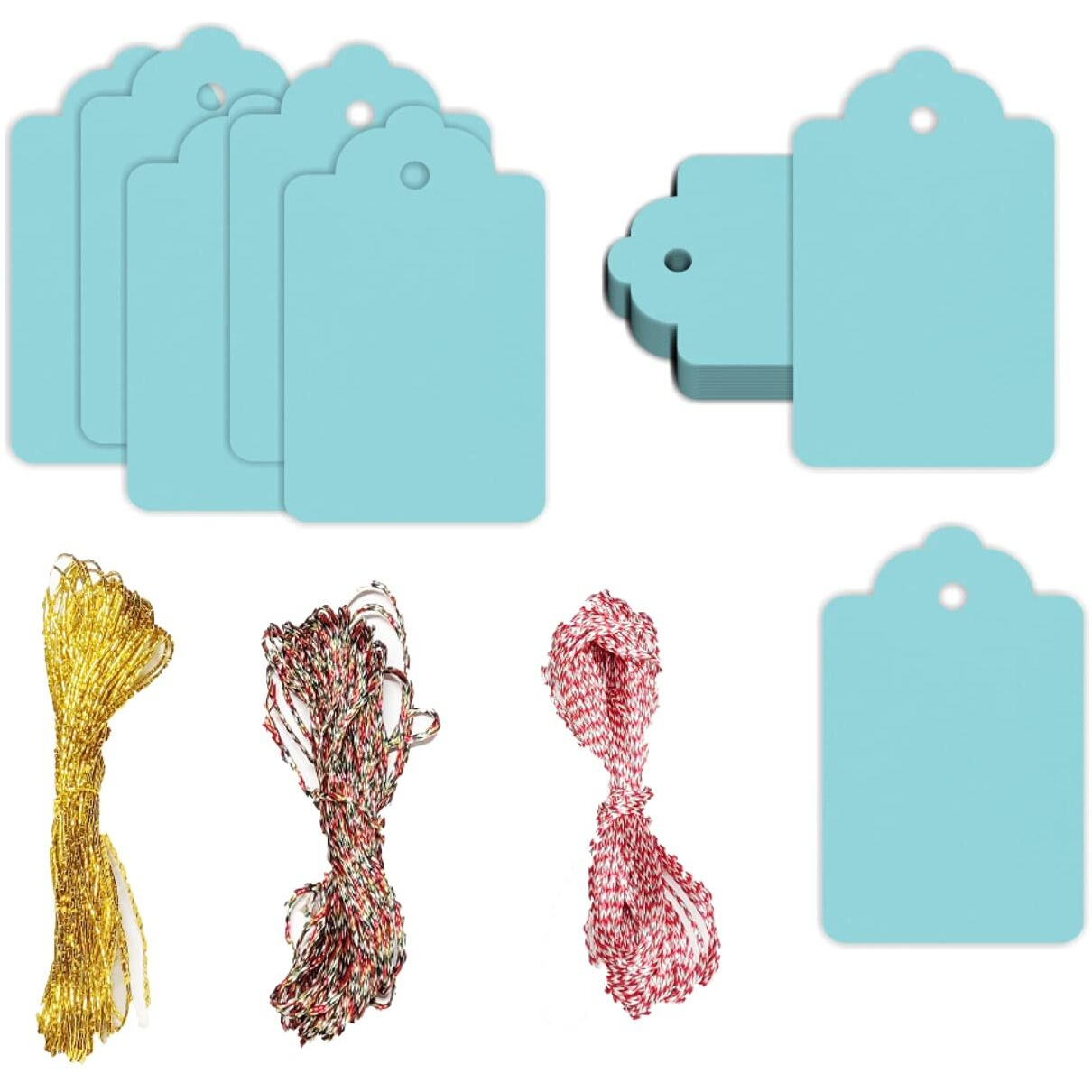 CVANU 100 Pcs Premium Balticsea Colour Gift Tags, Double-Sided Available Kraft Paper Price Tags with Colourful Strings