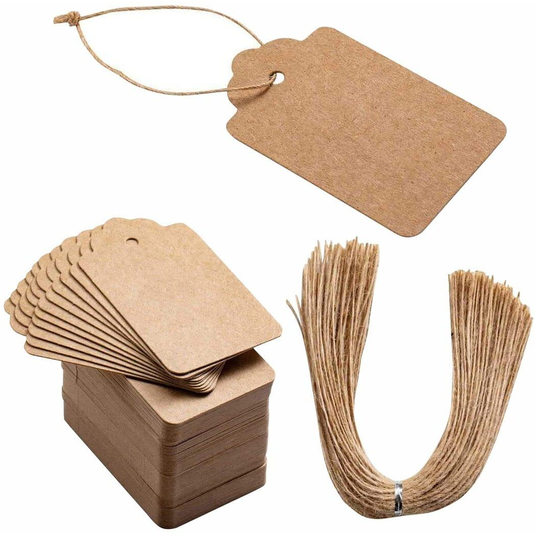 CVANU Brown Kraft Paper Multi-Purpose Handmade Blank Tag with Natural Jute Gift Tag for Wedding Party, Thanksgiving Size(2.8inch X 1.7inch)(300pcs)
