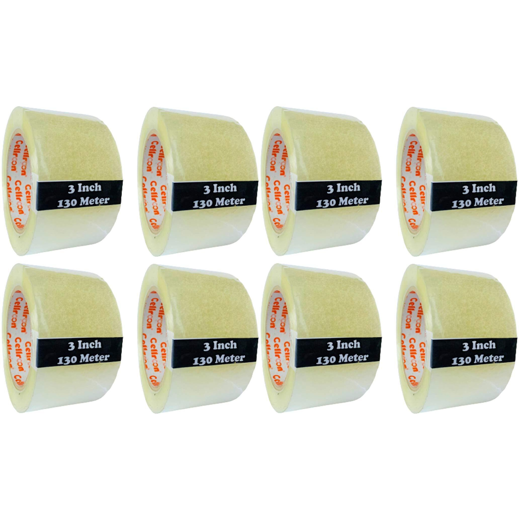 Cellroon Transparent Cello Tape For Packing (3 Inch / 130 Meter) Bopp Self Adhesive Tape Rolls, Packaging Tape For Home, Office, And Industrial Use (Pack Of 8)