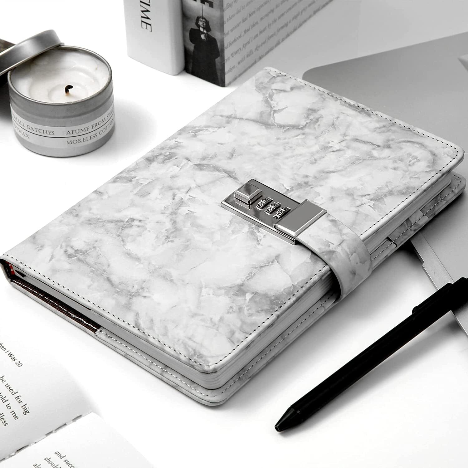 XAMILE Marble Diary with Lock for Girls and Women Secret Journal with Lock 192 Pages Waterproof Girls Locked Diary with Pen, Password Locked Journals for Teen Girls and Boys, A5 (Off White)