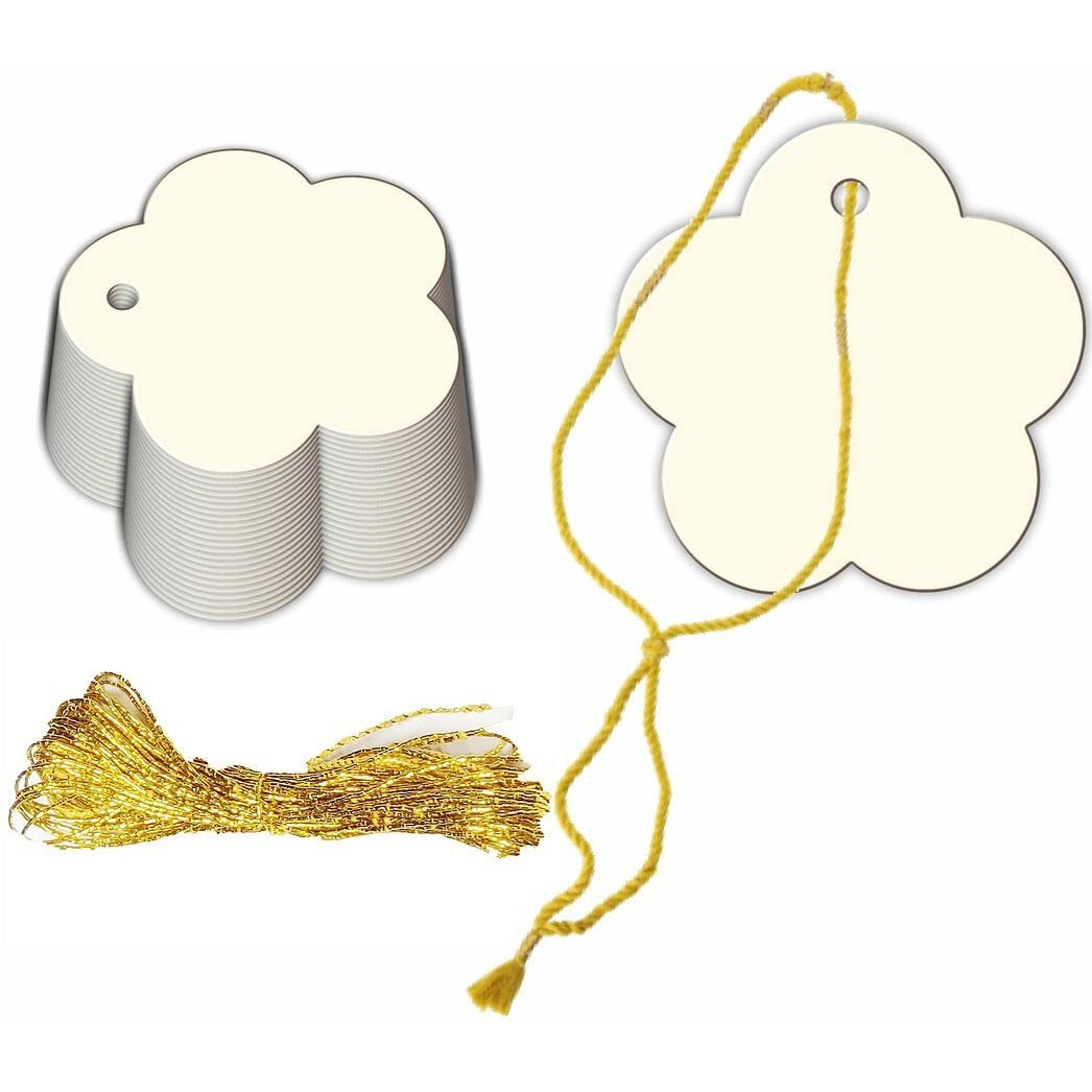 CVANU Creative Gift Tags Craft Paper with Golden String for Writable Tags, Party & Celebration Label Color-China White, Size(2.6inch X 2.6inch) (300pcs)
