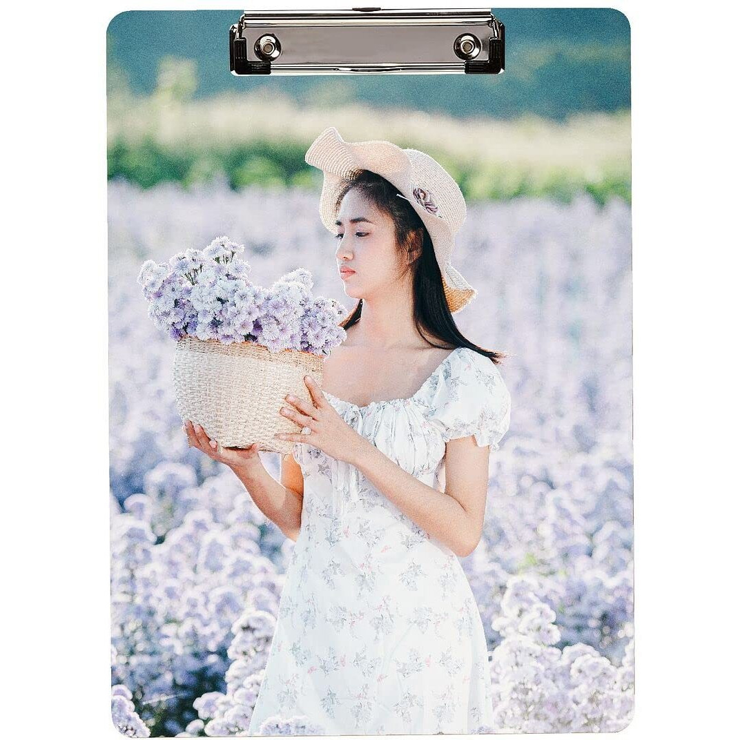 CVANU Cute Girl Hand in White Flowers Printed Clipboard, Examination Writing Pad(6.8inch x 9.2inch) Wooden Clipboard