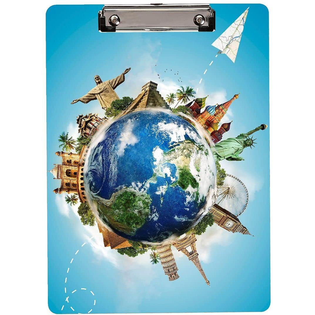 CVANU Earth Globe Traveling Around The World Printed Clipboard, Examination Writing Pad (6.8inch x 9.2inch) Wooden Clipboard