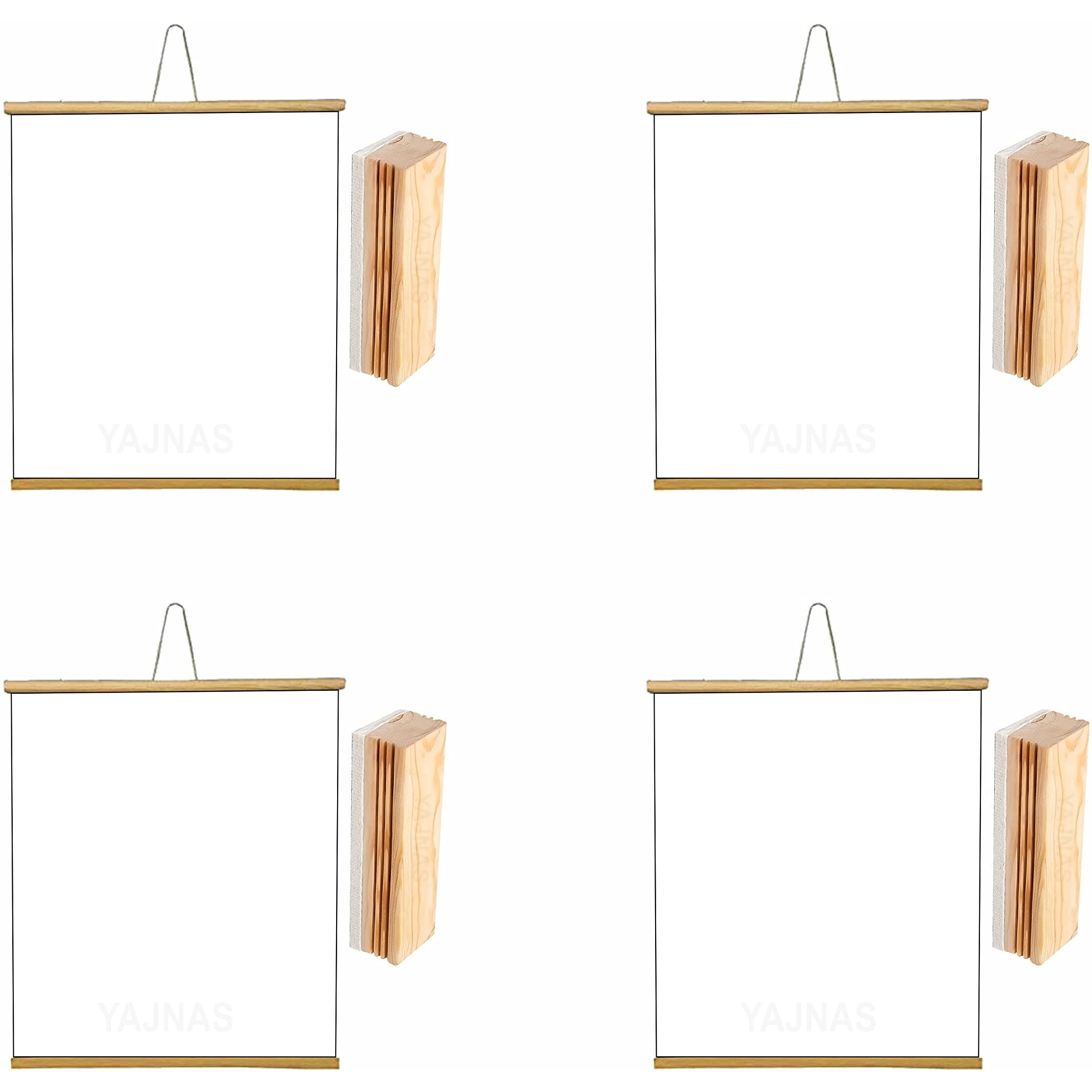 YAJNAS 1.5x2 Feet, 4 Pieces Roll up Wooden White Board/Marker Board for Child and Teaching with Wall Hanging for Kids (18 Inches x 23 Inches) and 4 Premium Wooden Duster (Pack of 4 Set)