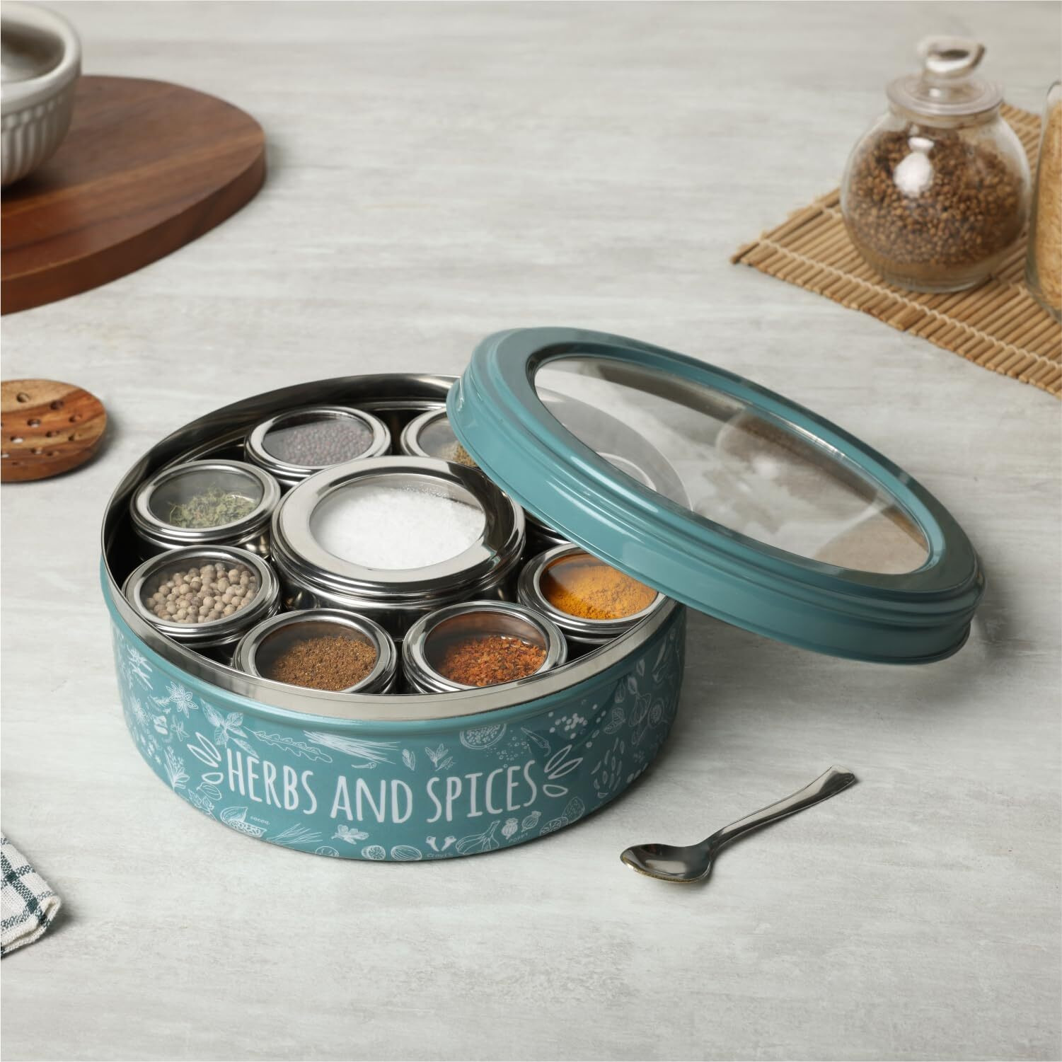 dudki 9 in 1 Herbs & Spice | Stainless Steel Handcrafted Spice Box | Spice Box for Kitchen | See through lid 9 containers and Spoons | Moss- Green (2.5 Ltr | X-Large | 22.5cm)