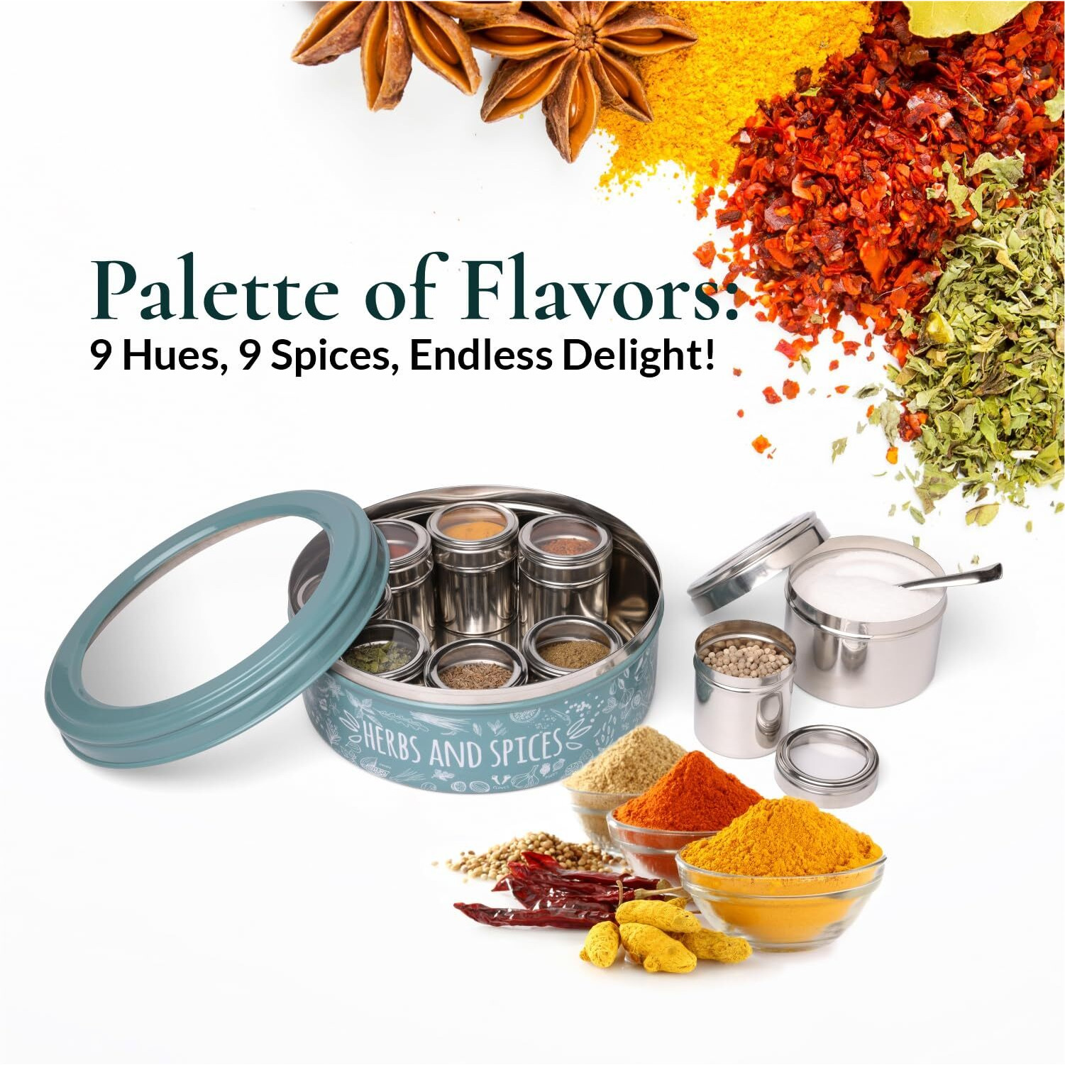 dudki 9 in 1 Herbs & Spice | Stainless Steel Handcrafted Spice Box | Spice Box for Kitchen | See through lid 9 containers and Spoons | Moss- Green (2.5 Ltr | X-Large | 22.5cm)