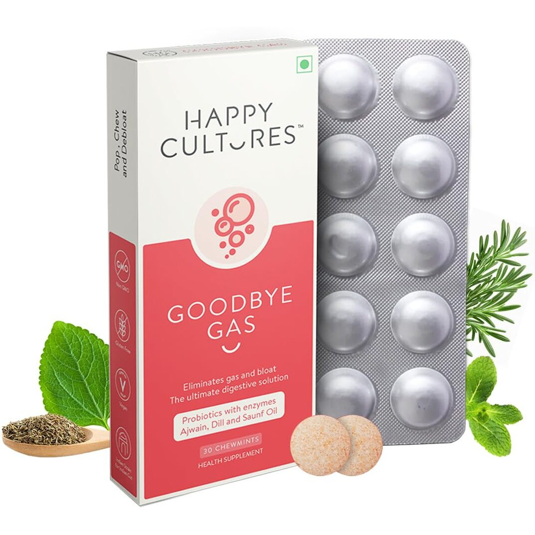 Happy Cultures Goodbye Gas, All Types of Gas Relief, Unique Blend of Probiotics 125 Million CFU, Ajwain Oil, Saunf Oil and Digestive Enzymes, Alleviates Gas, Bloating and Indigestion - 30 Chewables