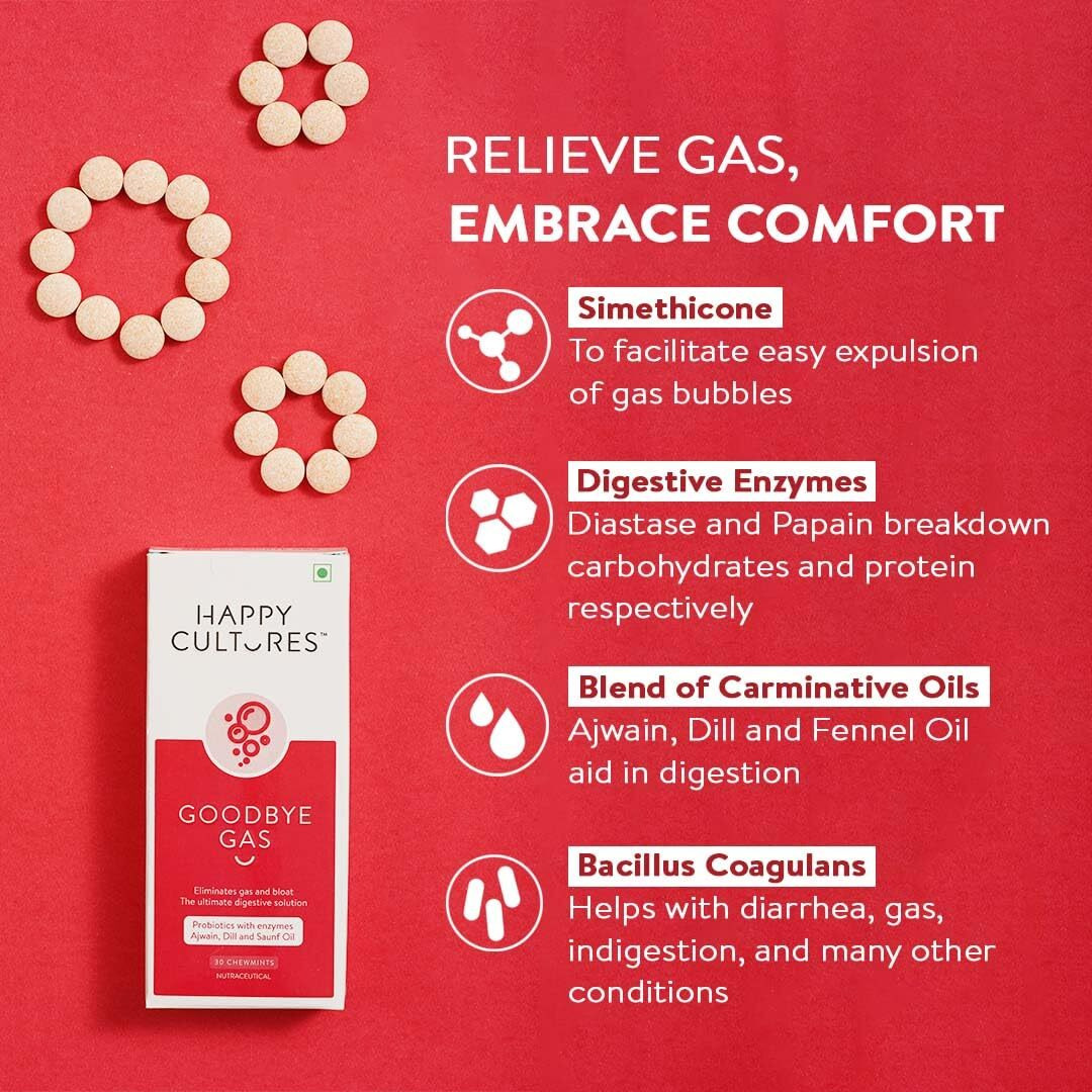 Happy Cultures Goodbye Gas, All Types of Gas Relief, Unique Blend of Probiotics 125 Million CFU, Ajwain Oil, Saunf Oil and Digestive Enzymes, Alleviates Gas, Bloating and Indigestion - 30 Chewables