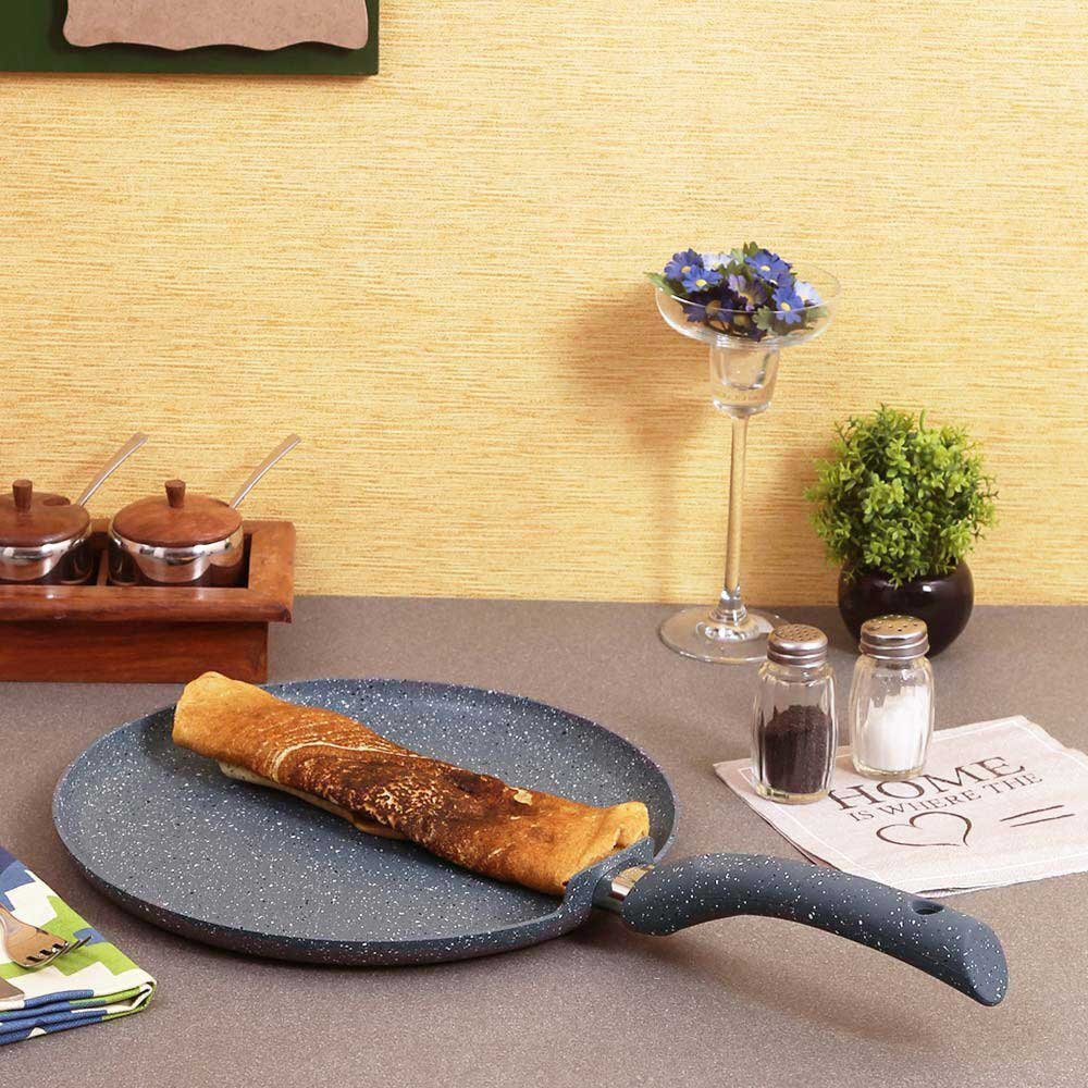 Wonderchef Granite 28cm Non-Stick Dosa Tawa | Induction Bottom | Soft-Touch Handles | Virgin Aluminium | PFOA/Heavy Metals Free | 3.5mm | 2 Year Warranty | Grey