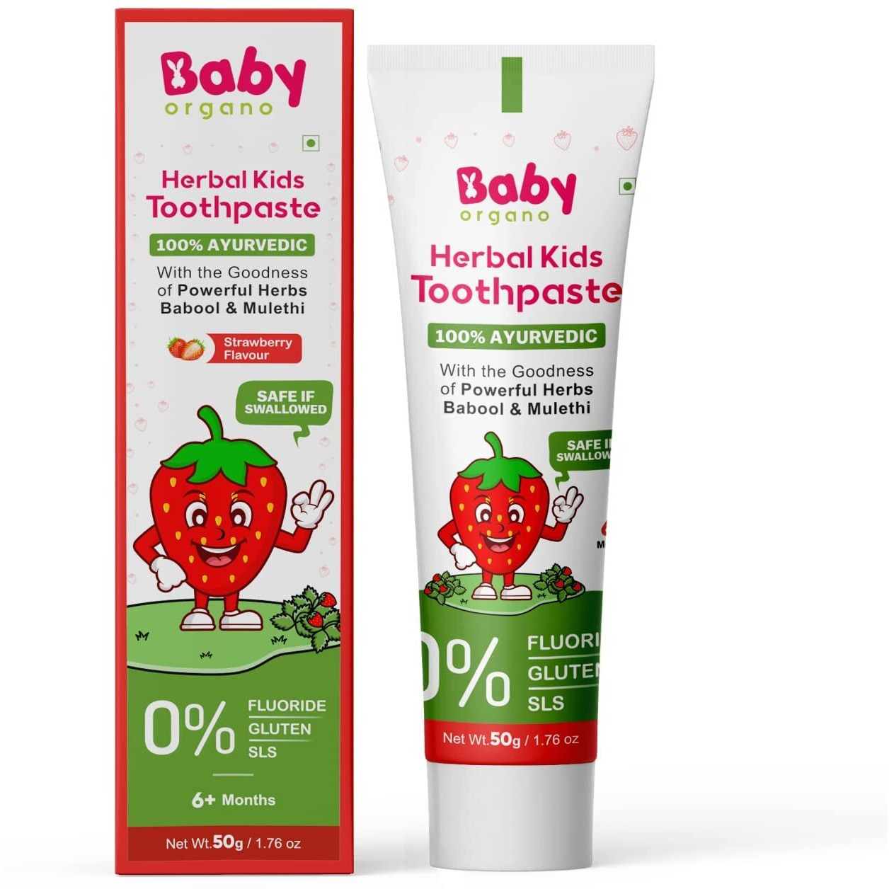 Baby Organo Herbal Kids Toothpaste, Non Gel, 50gm, with the goodness of Babool and Mulethi, Strawberry Flavour, Fluoride Free, SLS Free, 100% Ayurvedic, FDCA Approved