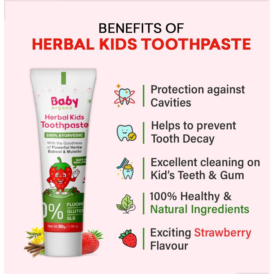 Baby Organo Herbal Kids Toothpaste, Non Gel, 50gm, with the goodness of Babool and Mulethi, Strawberry Flavour, Fluoride Free, SLS Free, 100% Ayurvedic, FDCA Approved