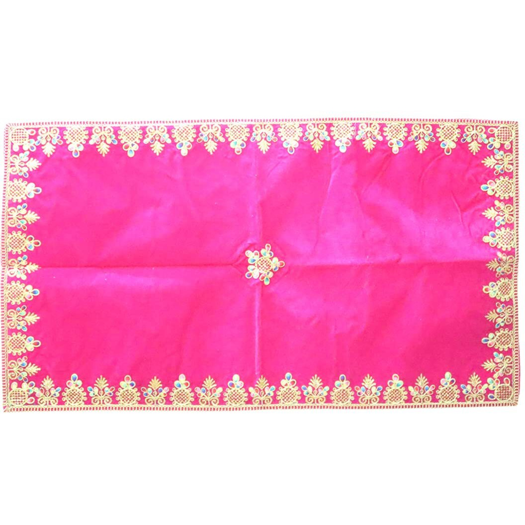 Shoppersduniya Pink Velvet Designer Aasan Pooja Cloth Mat Mandir Temple Home Office Base Chowki 81 x 46 cm
