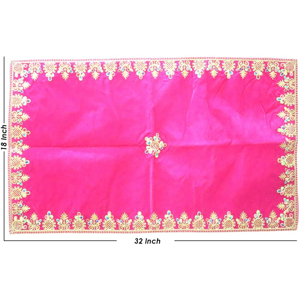 Shoppersduniya Pink Velvet Designer Aasan Pooja Cloth Mat Mandir Temple Home Office Base Chowki 81 x 46 cm