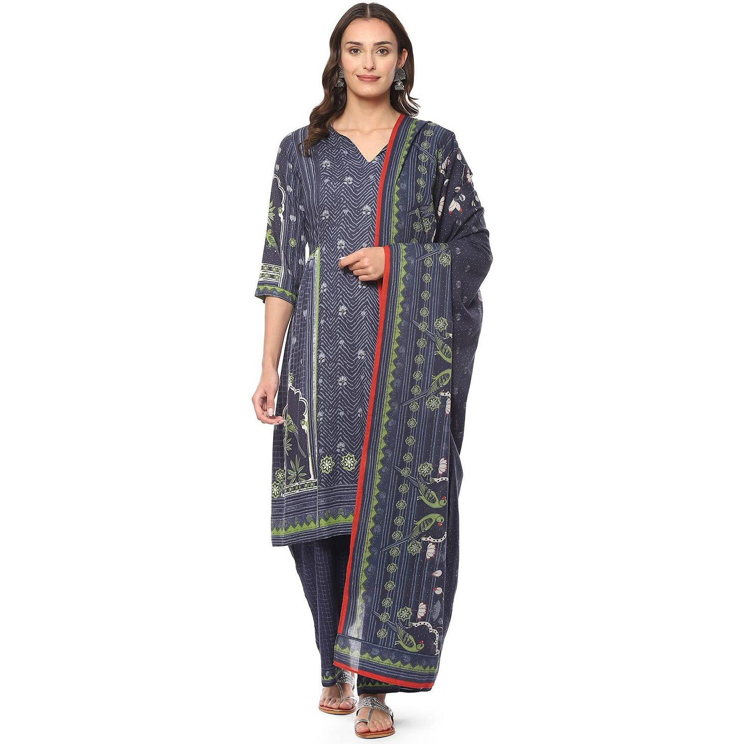 BIBA WOMEN PRINTED STRAIGHT SALWAR KURTA DUPATTA(SKDSEHAR8705_INDIGO/GREEN_36)