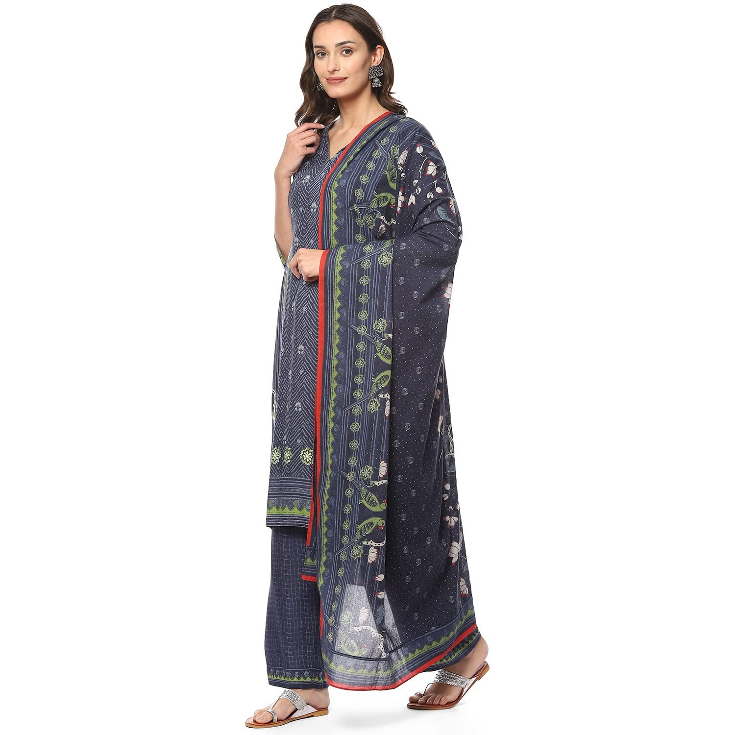 BIBA WOMEN PRINTED STRAIGHT SALWAR KURTA DUPATTA(SKDSEHAR8705_INDIGO/GREEN_36)