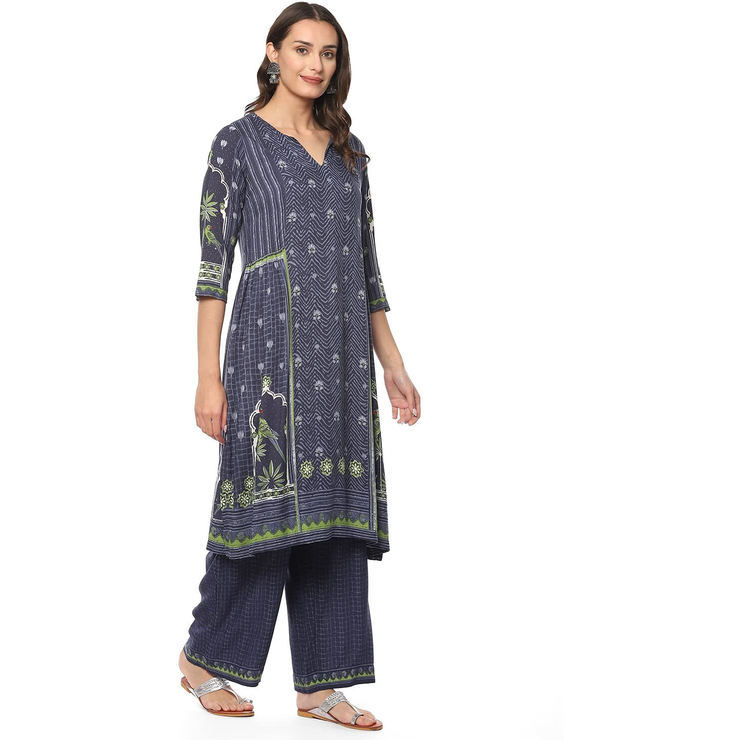 BIBA WOMEN PRINTED STRAIGHT SALWAR KURTA DUPATTA(SKDSEHAR8705_INDIGO/GREEN_36)