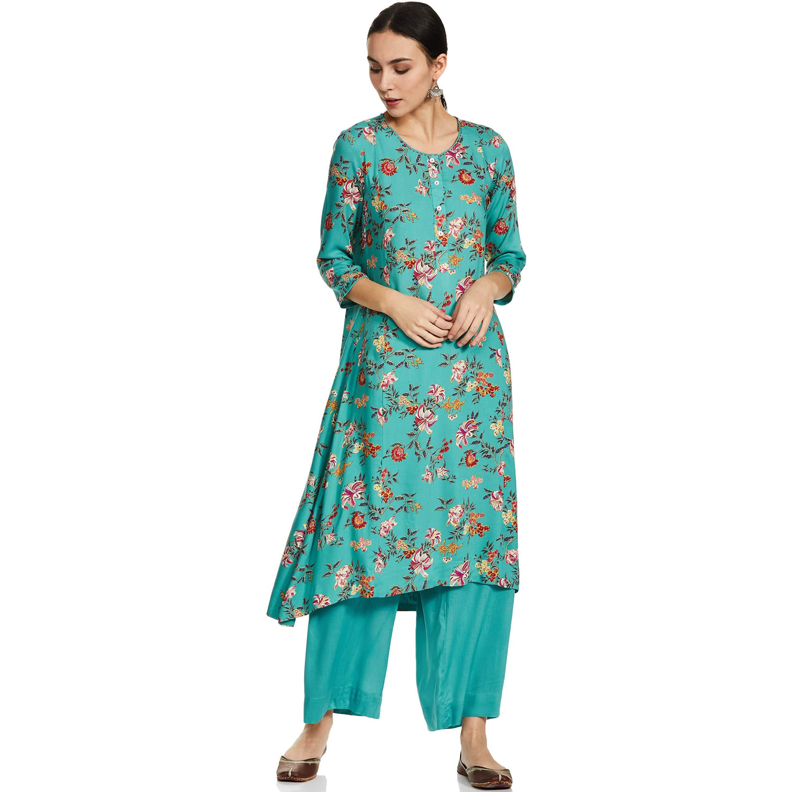 BIBA Women's Turquoise Viscose A-Line Kurta Palazzo Suit Set