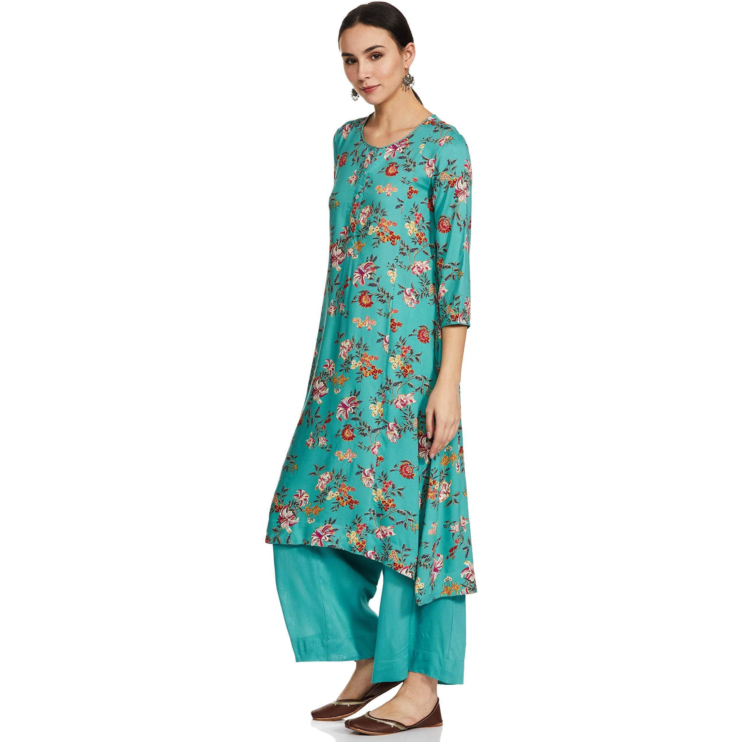 BIBA Women's Turquoise Viscose A-Line Kurta Palazzo Suit Set