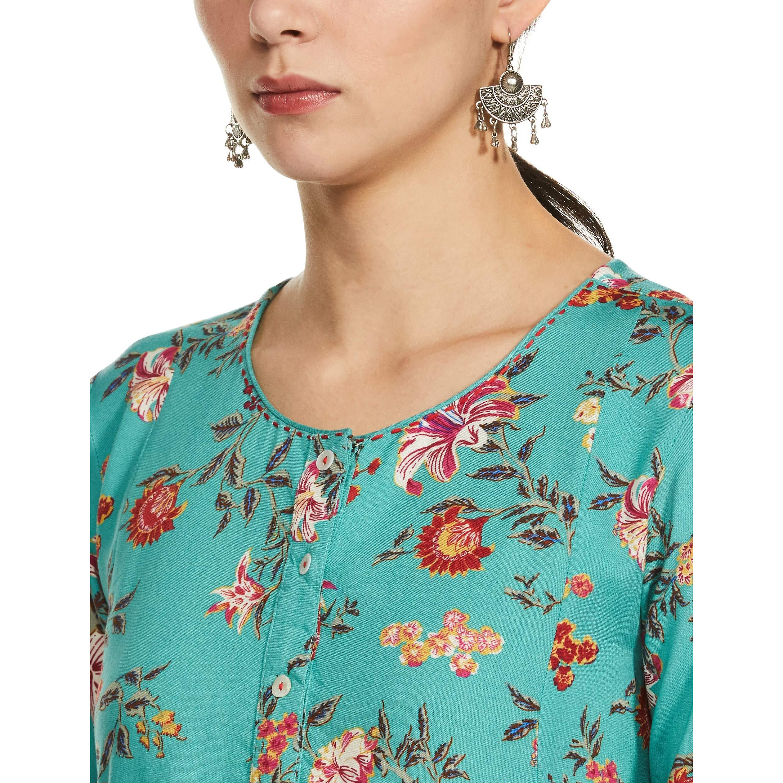 BIBA Women's Turquoise Viscose A-Line Kurta Palazzo Suit Set