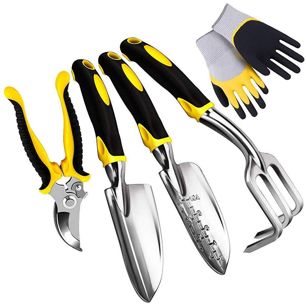 HASTHIP 5Pcs Gardening Tools for Garden Home Patio, Heavy Duty Aluminum Tools Set with Gardening Transplanting Spade, Cultivator, Pruner, Trowel and Gardening Gloves, Durable Gardening Accessories
