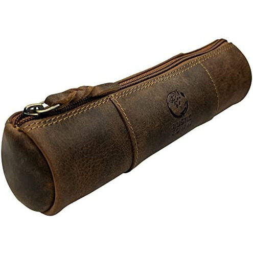 RUSTIC TOWN Leather Pencil Case Holder - Pen Pencil Pouch for Office & School - Zipper Stationary Utility Bag Pencil Kit for Girls, Boys & Kids (Brown)