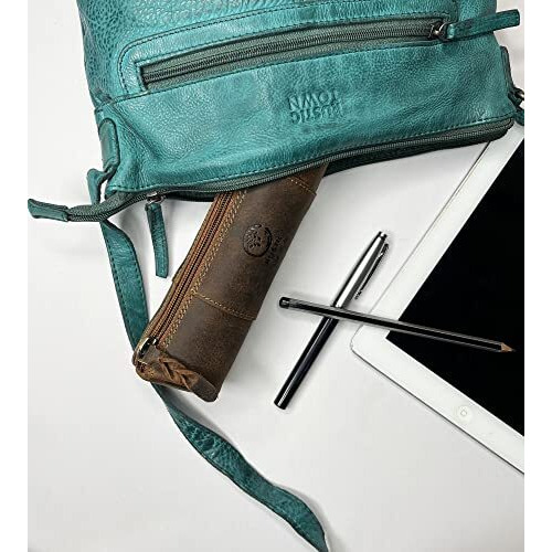 RUSTIC TOWN Leather Pencil Case Holder - Pen Pencil Pouch for Office & School - Zipper Stationary Utility Bag Pencil Kit for Girls, Boys & Kids (Brown)