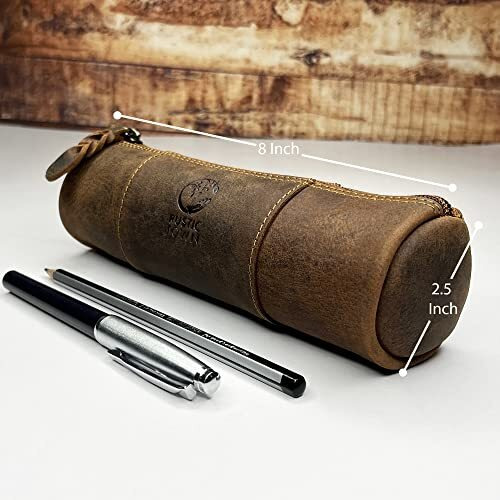 RUSTIC TOWN Leather Pencil Case Holder - Pen Pencil Pouch for Office & School - Zipper Stationary Utility Bag Pencil Kit for Girls, Boys & Kids (Brown)