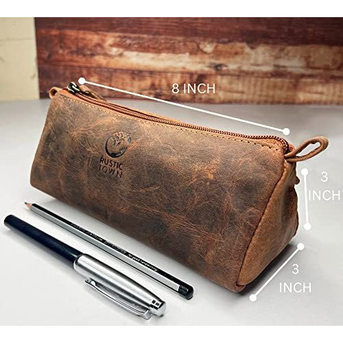 RUSTIC TOWN Leather Pencil Case - Zippered Pen Pencil Pouch for School, Work & Office (Brown)