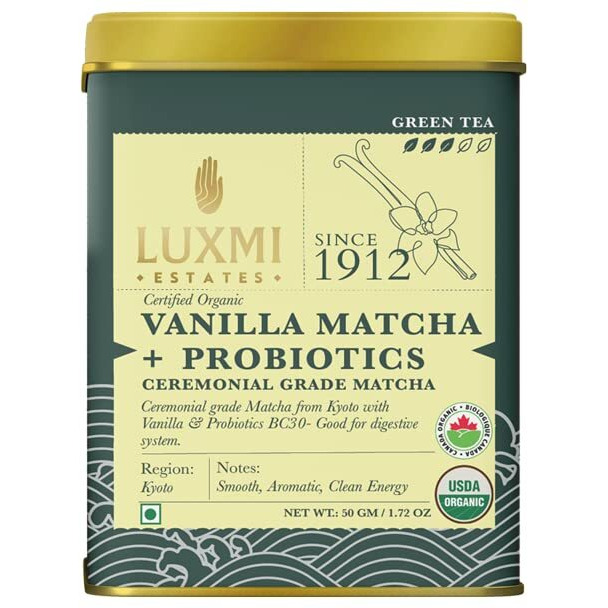 Luxmi Estates Vanilla Matcha + Probiotics 50g Loose Tea | Premium Japanese Matcha Green Tea Powder - Pure Ceremonial Grade | USDA Organic | Antioxidants & Probiotics | Authentic Zen Tea Experience