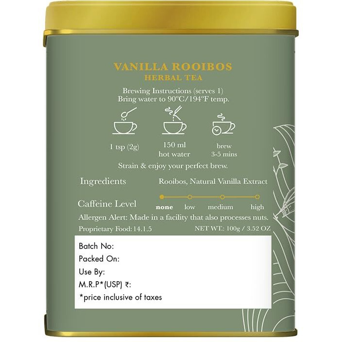Luxmi Estates Vanilla Rooibos Chai Herbal Tea 100gm Tin Caddy | Certified Organic Tea | Caffeine-Free | 50 Cups