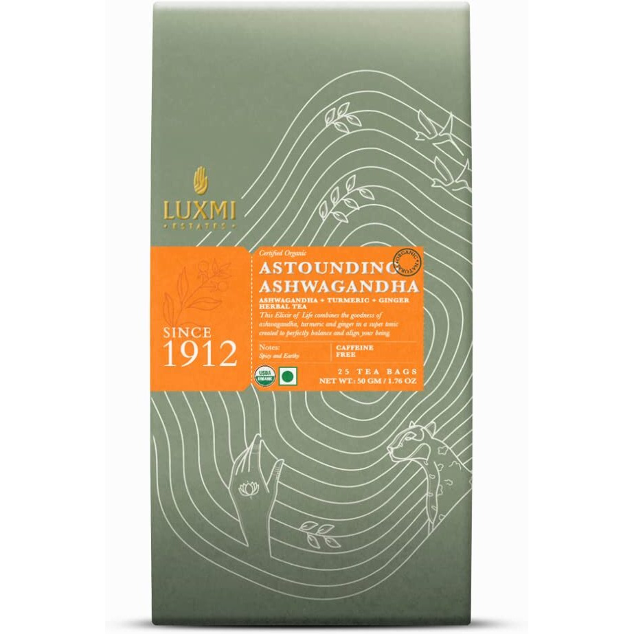 LUXMI Estates Assam Astounding Ashwagandha Root Tea 25 Tea Bags (50Gm) Pack|Certified Usda Organic Herbal Tea Bags For Stress Support|With Turmeric,Ginger,Lemongrass&More|25 Cups,50Gm