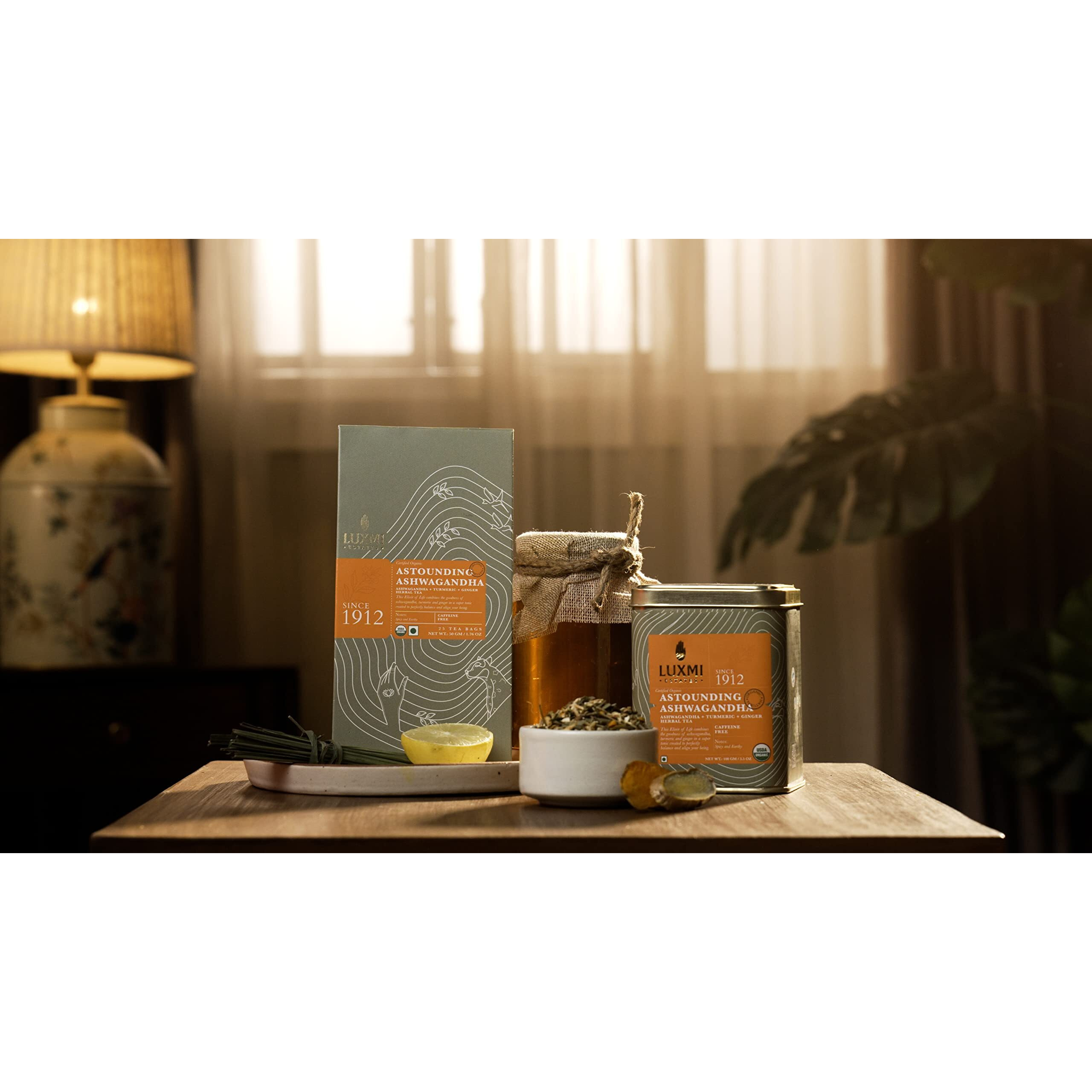 LUXMI Estates Assam Astounding Ashwagandha Root Tea 25 Tea Bags (50Gm) Pack|Certified Usda Organic Herbal Tea Bags For Stress Support|With Turmeric,Ginger,Lemongrass&More|25 Cups,50Gm