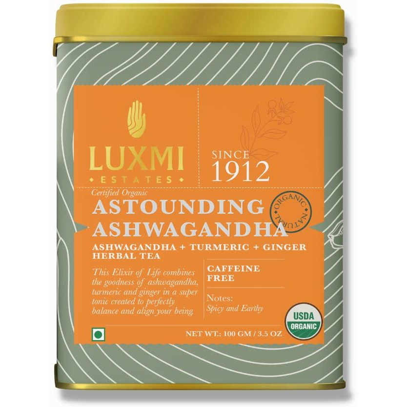 LUXMI Estates Astounding Ashwagandha Root Loose Tea 100Gm Pack | Certified Usda Organic Herbal Tea For Stress Support | With Turmeric, Ginger, Lemongrass & More | 50 Cups