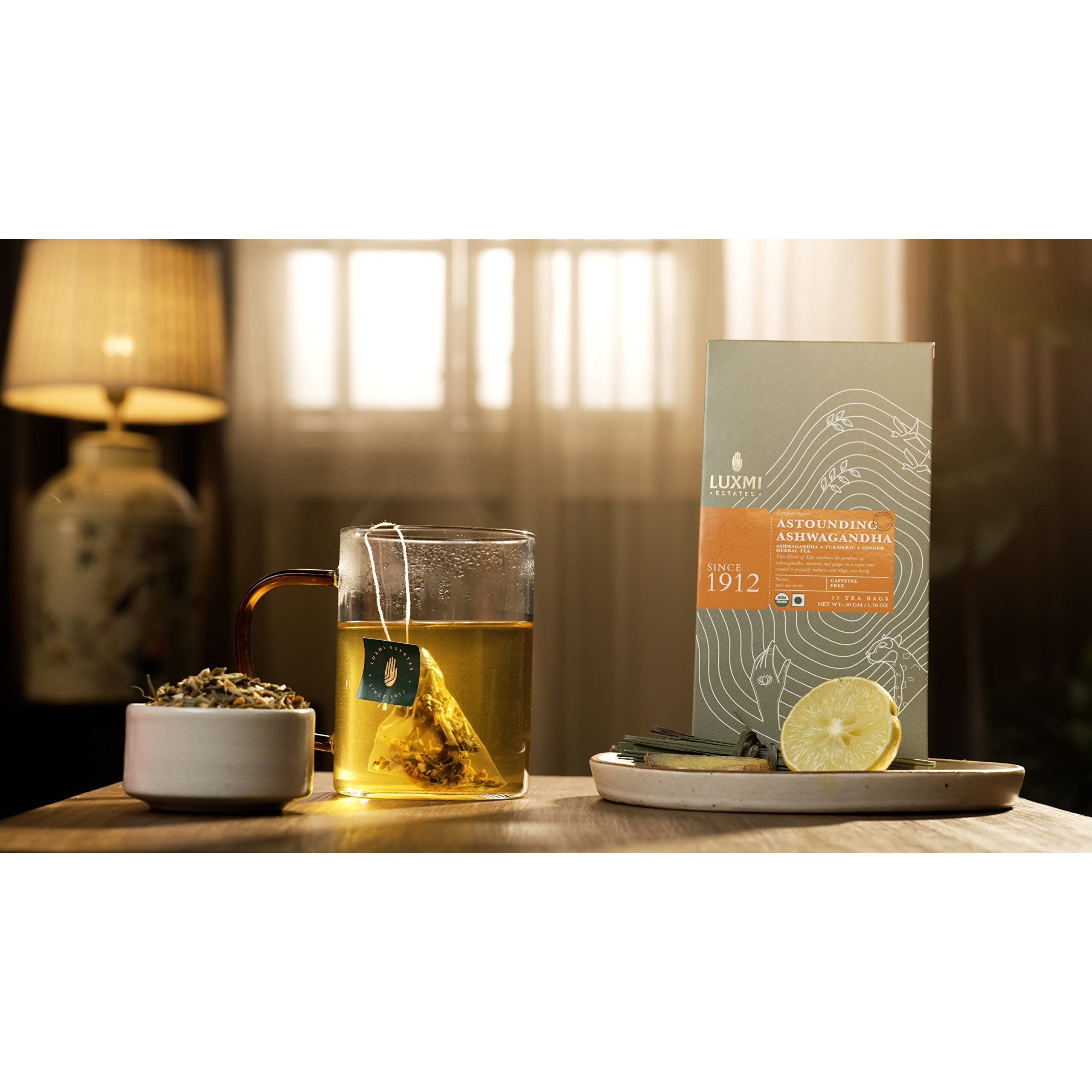 LUXMI Estates Astounding Ashwagandha Root Loose Tea 100Gm Pack | Certified Usda Organic Herbal Tea For Stress Support | With Turmeric, Ginger, Lemongrass & More | 50 Cups