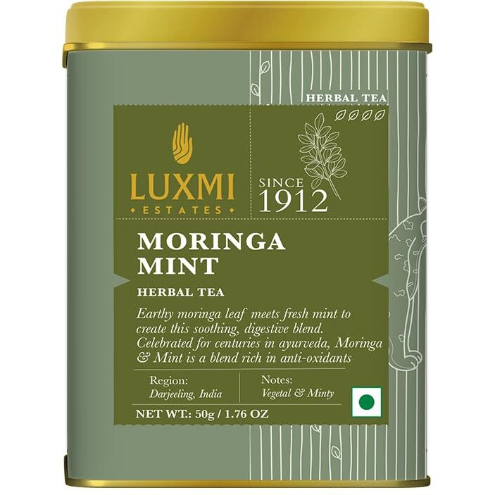 Luxmi Estates Moringa Mint Herbal Tea 50gm Tin Caddy | USDA Certified Organic Herbal Tea | Caffeine-Free | 25 Cups