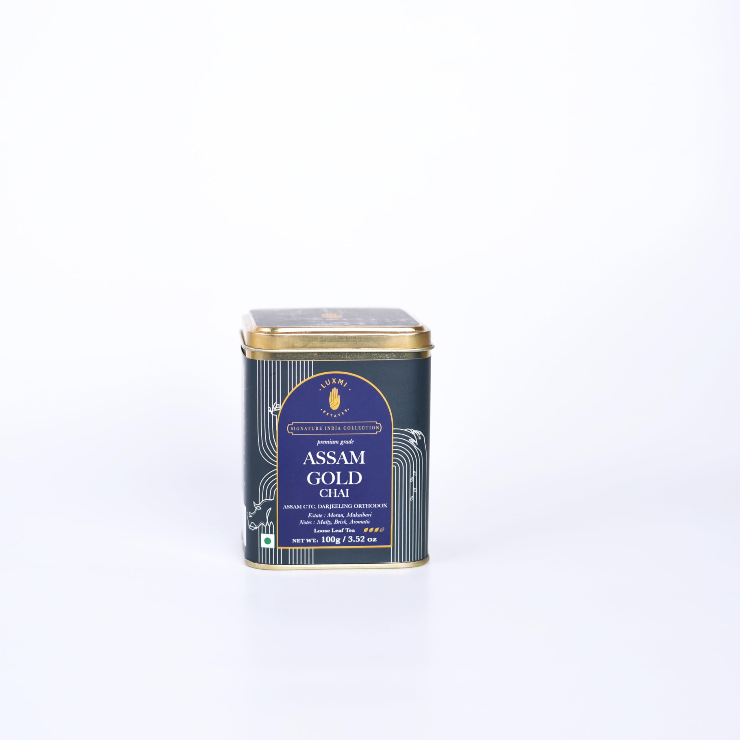 Luxmi Estates Assam Gold Chai | 100 gm | Signature India Collection | CTC Tea | Black tea collection | Organic Strong tea | Antioxidants | Assam Valley tea | Cardamom, Saffron, Cinnamon, Natural Cardamom Extract