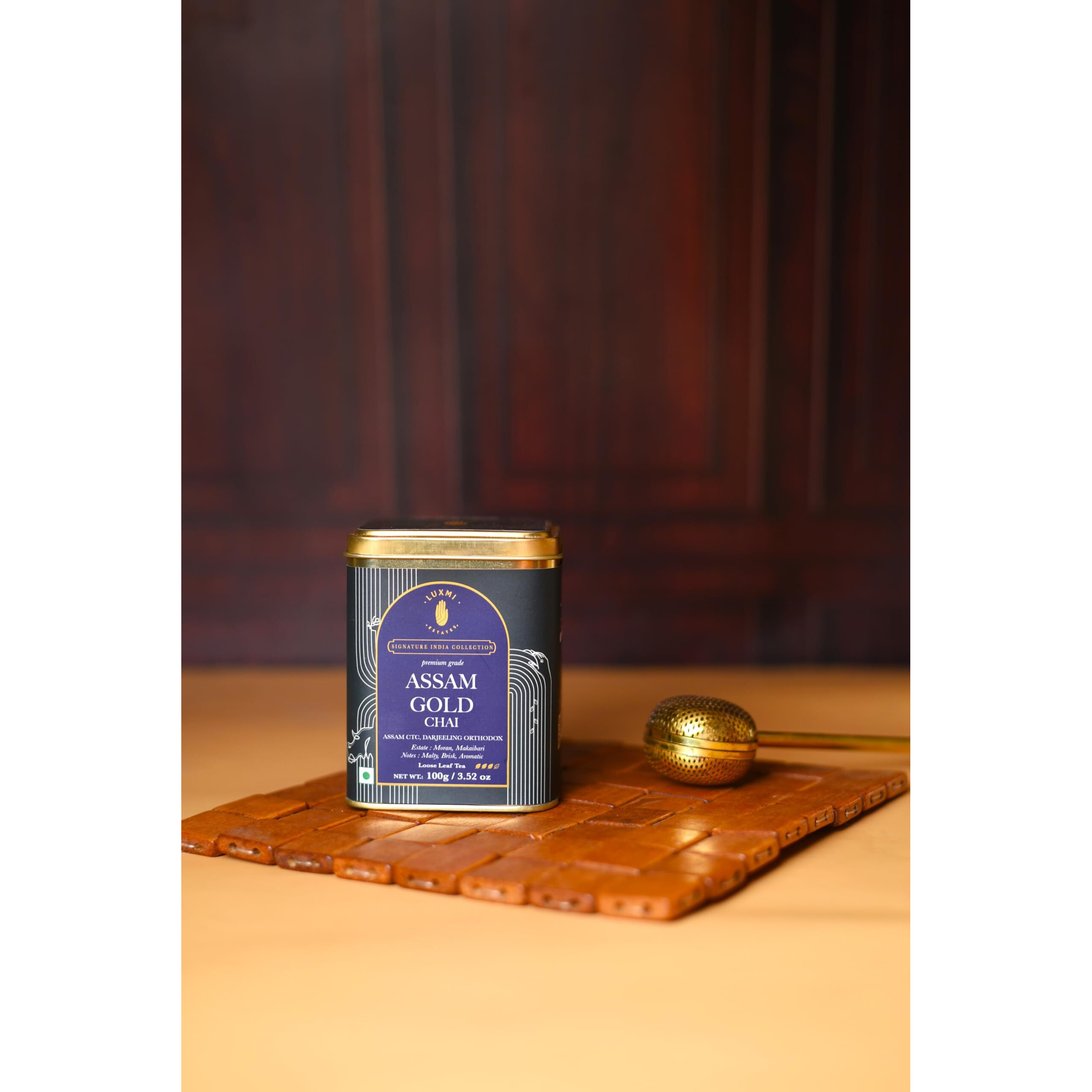 Luxmi Estates Assam Gold Chai | 100 gm | Signature India Collection | CTC Tea | Black tea collection | Organic Strong tea | Antioxidants | Assam Valley tea | Cardamom, Saffron, Cinnamon, Natural Cardamom Extract