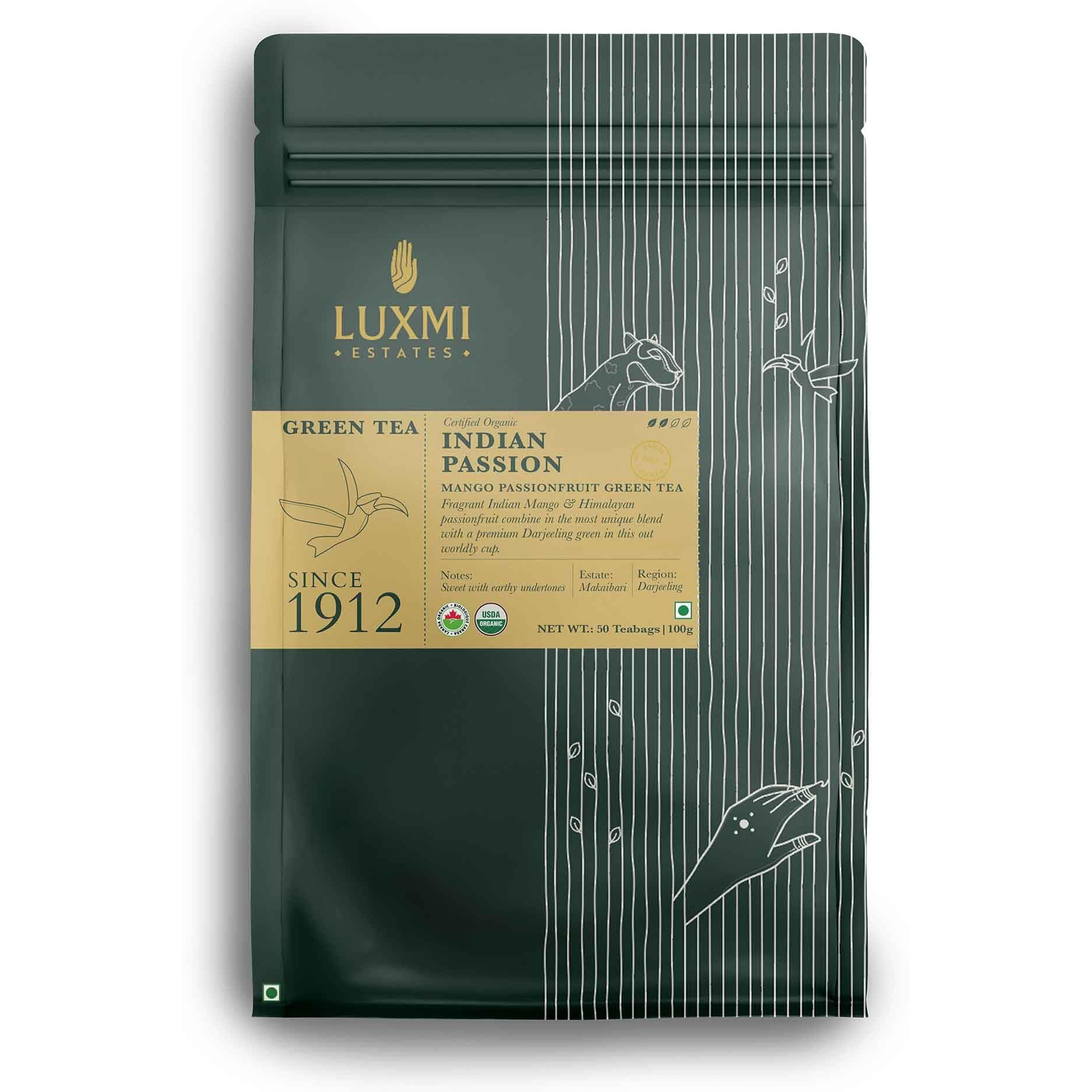 Luxmi Estates Indian Passion Green Tea 50 Tea Bags (100g) Pack | USDA Certified Organic Darjeeling Green Tea | Mango Passion Fruit Green Tea | Lemongrass, Ginger,Lemon Peel | Calming Tea for Relaxation | Low Caffeine