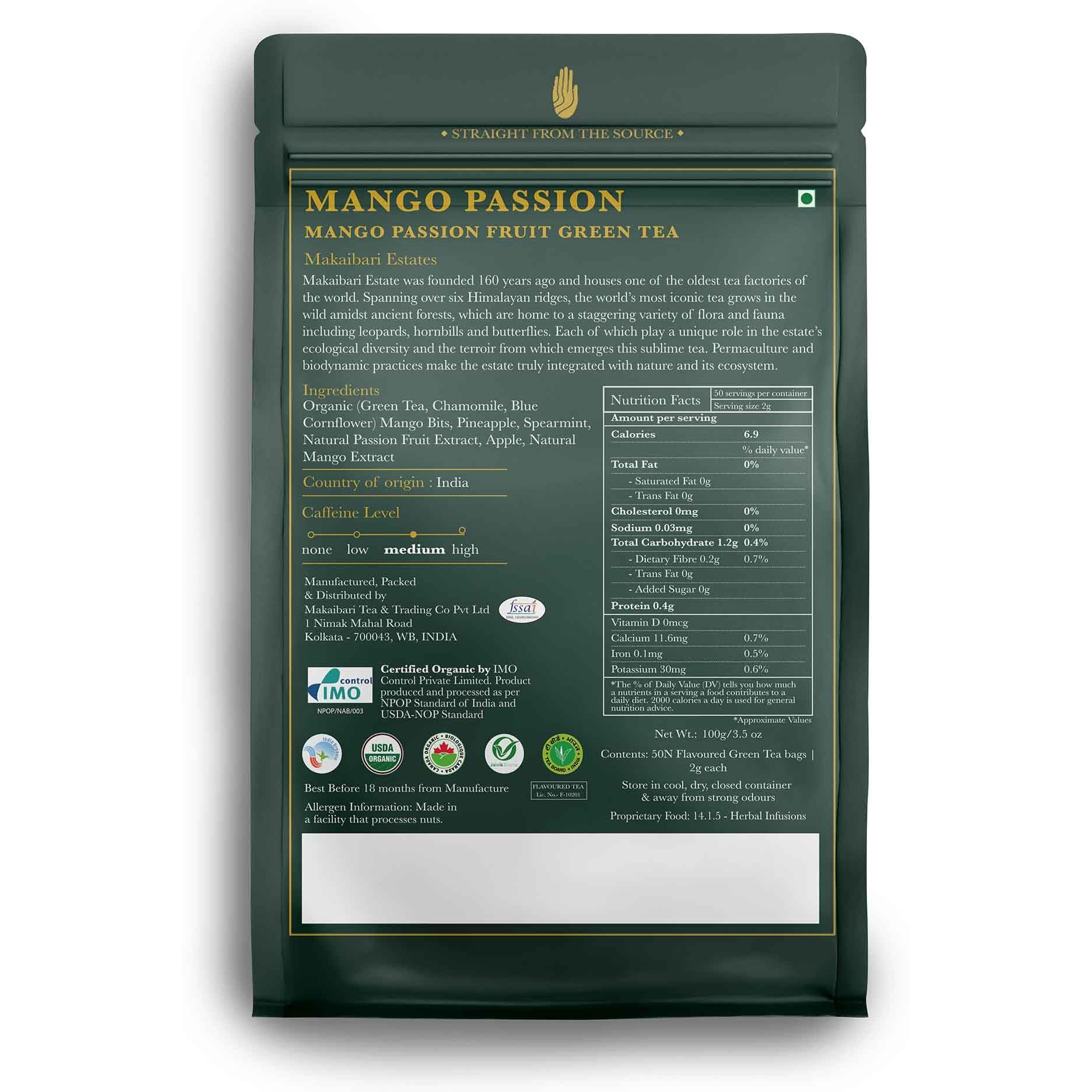 Luxmi Estates Indian Passion Green Tea 50 Tea Bags (100g) Pack | USDA Certified Organic Darjeeling Green Tea | Mango Passion Fruit Green Tea | Lemongrass, Ginger,Lemon Peel | Calming Tea for Relaxation | Low Caffeine