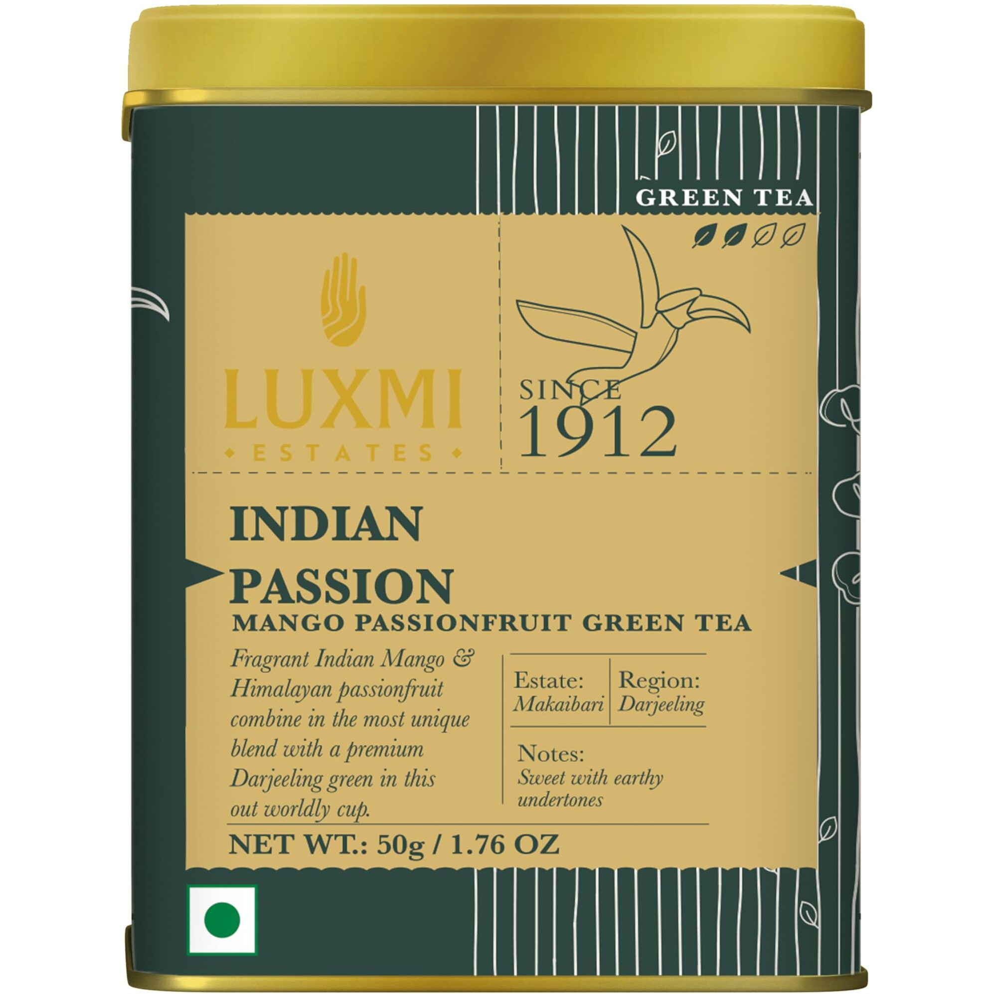 Luxmi Estates Indian Passion Green Tea 50gm Tin | USDA Certified Organic Darjeeling Green Tea | Mango Passion Fruit Green Tea | Lemongrass, Ginger,Lemon Peel | Calming Tea for Relaxation | Low Caffeine