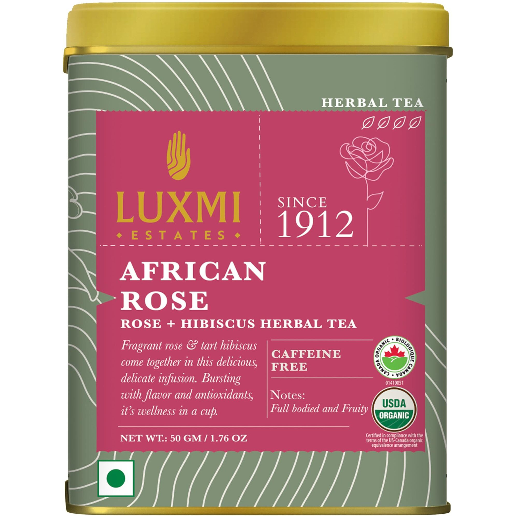 Luxmi Estates African Rose Herbal Tea 50gm Tin | Certified Organic Tea|Hibiscus,Roses|Decaffeinated|Flavourful|100% Natural