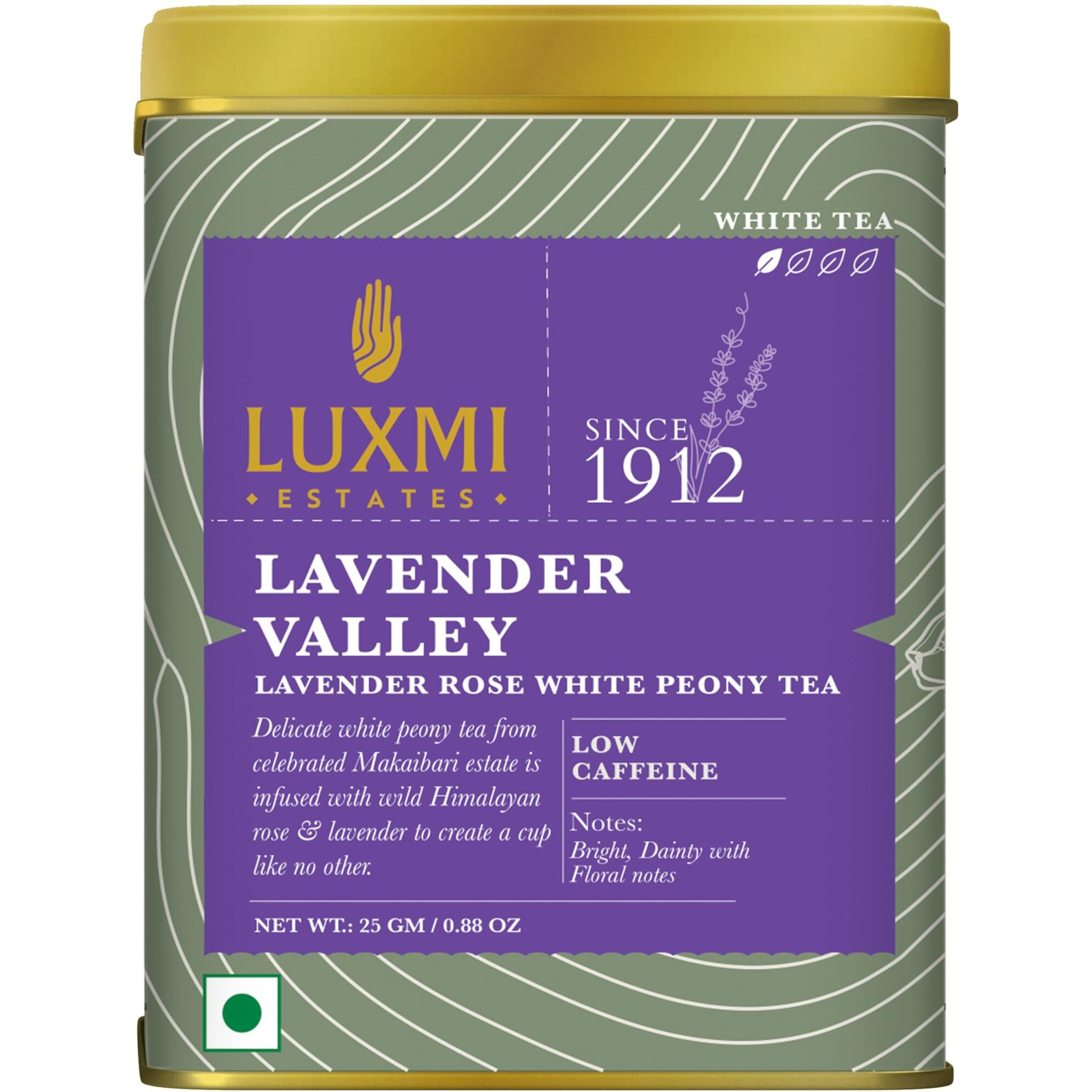 Luxmi Estates Lavender Valley White Tea 25gm Tin | 100% Fresh and Organic Tea | Certified Organic White Tea | Lavender Tea | Promotes Good Sleep, Stress Relief | Improves Immunity | Soothing Tea for Relaxation