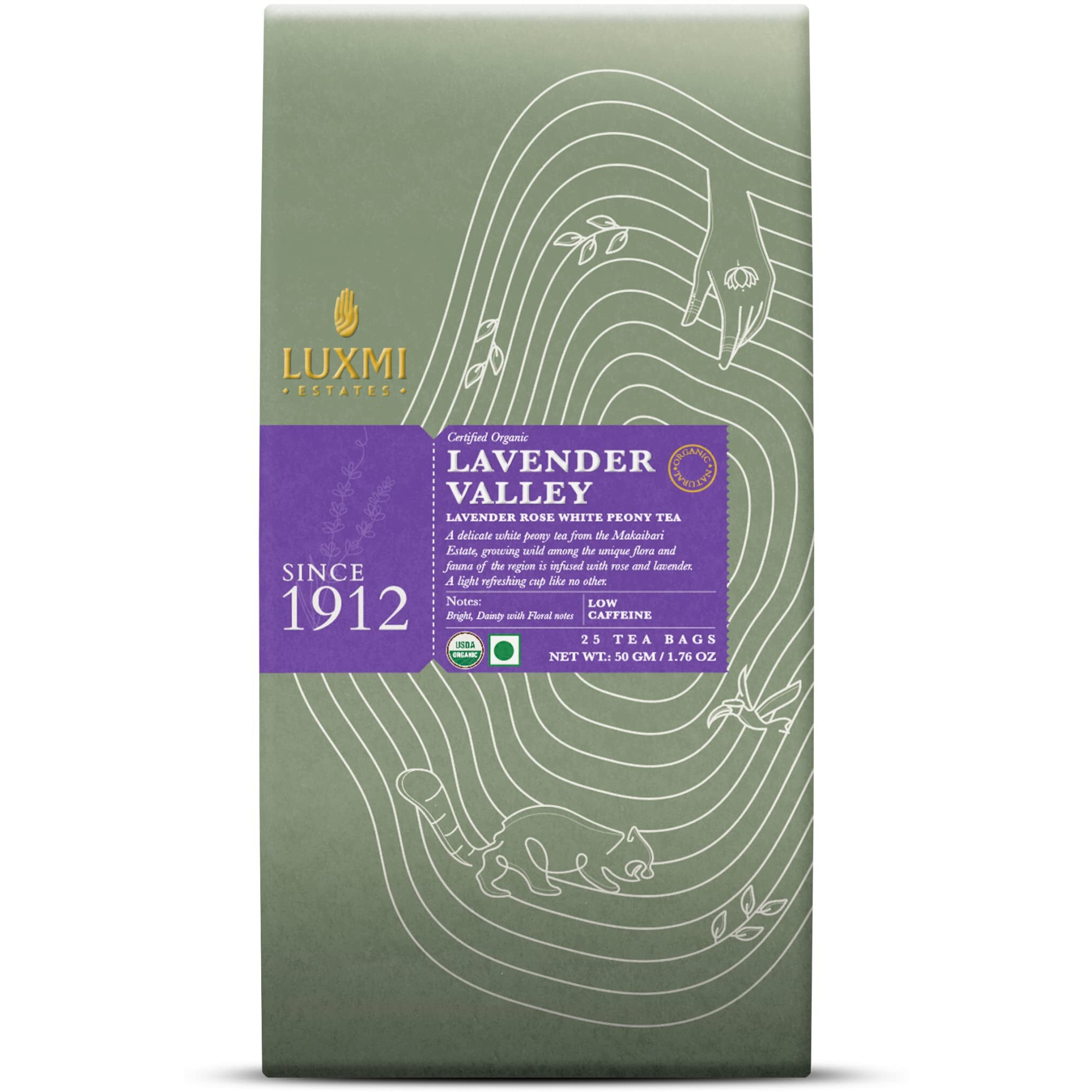 Luxmi Estates Lavender Valley White Tea - 25 Tea Bags (50g) Pack | 100% Fresh and Organic Tea | Certified Organic White Tea | Lavender Tea | Promotes Good Sleep, Stress Relief | Improves Immunity | Soothing Tea for Relaxation