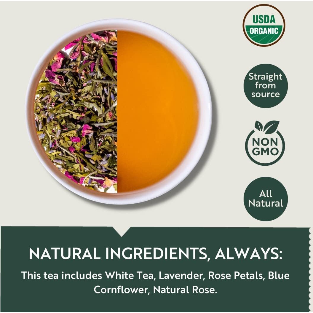 Luxmi Estates Lavender Valley White Tea - 25 Tea Bags (50g) Pack | 100% Fresh and Organic Tea | Certified Organic White Tea | Lavender Tea | Promotes Good Sleep, Stress Relief | Improves Immunity | Soothing Tea for Relaxation